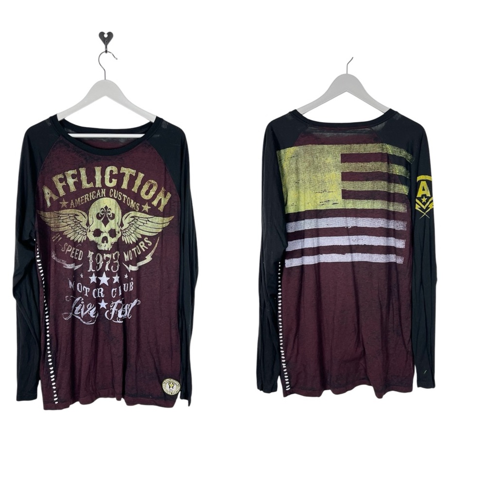 Affliction Y2K Mens XXL long sleeve tee shirt thin Black burgundy Skull Flag‎